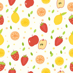 Seamless tropical fruit pattern with green leaves. Includes orange slice, lemon, and strawberry illustrations. Hand-drawn vector ideal for wallpaper, wrapping paper, fabric, and doodle art