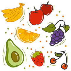 set of fruits icon on white background. banana, avocado, grape, orange, strawberry, cherry and apple illustration. hand drawn vector. shiny and fresh. doodle art for kids book, card, poster, sticker. 