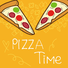 Hand-drawn pizza time lettering with paprika, basil leaf, and two pizza slices. Fast food background in hand-drawn vector art. Ideal for posters, banners, decorations, covers, stickers, and ads.