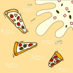 three pizza slices with water splash and basil leaf illustration. pizza-hand drawn lettering. fast food icon. hand drawn vector. doodle art for wallpaper, poster, banner, cover, decoration, flyer. 