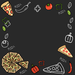 Pizza-themed hand-drawn lettering with red chili, tomato, bell pepper, basil leaf, paprika, and pizza slice illustrations. Chalkboard-inspired doodle art for wallpaper, posters, banners, flyers