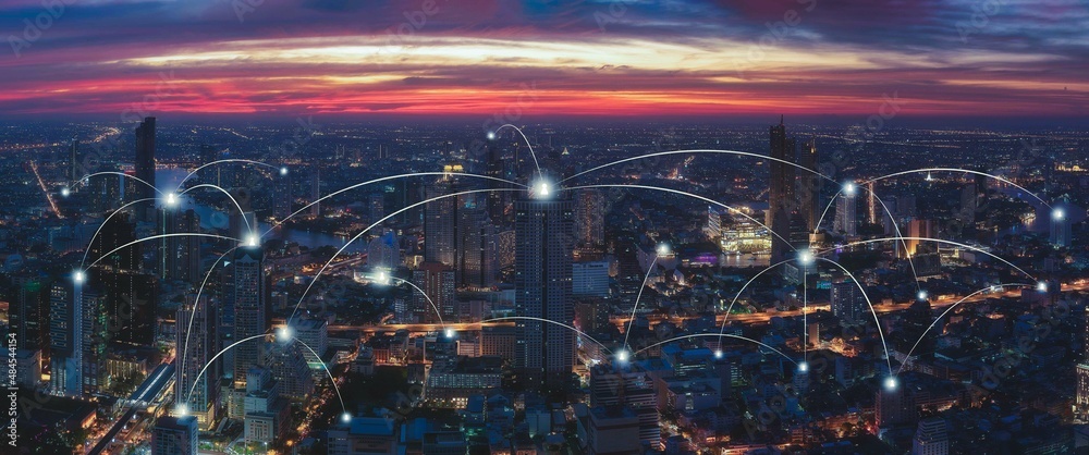 Wall mural network city concept.global business concept of connections and information.