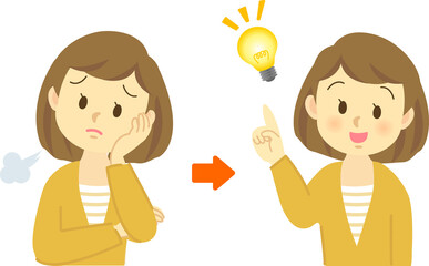イラスト素材：若い女性が悩み考え込む姿から名案が浮かんだ姿までのセット
