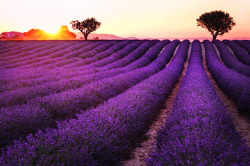 Sunset over blooming fields of lavender. Blooming lavender fields near Valensole in Provence,...