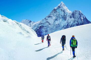 Group of climbers reaches the summit of mountain peak enjoying the landscape view. - 484544977