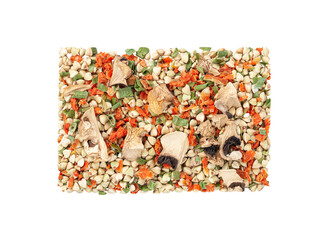 Mix for cooking green buckwheat seed porridge. Dried mushrooms and vegetables. View from above. White background. Isolated.