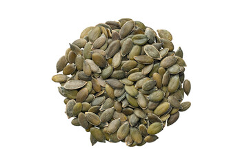 Pumpkin seeds are green. View from above. White background. Isolated.