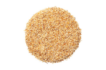 Chopped dried garlic. View from above. White background. Isolated.