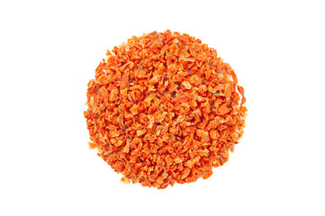 Dried chopped carrots. View from above. White background. Isolated.