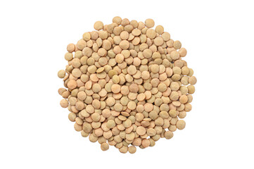Green lentil seeds. View from above. White background. Isolated.