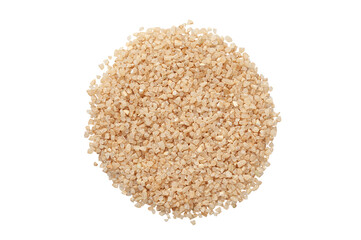 Seeds of brown crushed rice. View from above. White background. Isolated.