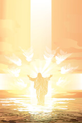 Beautiful Easter banner or greeting card with Jesus Christ walking on water with outstretched arms. Against the background of the sky. Religious theme in golden colors with the Son of God, the savior