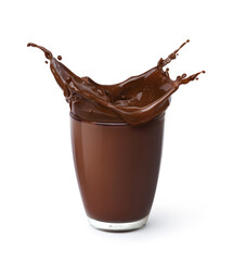 Glass of Chocolate drinks with splash isolated on white background.