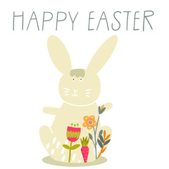 Decorated rabbit, hare, abstract flowers, carrot, inscription Happy Easter, boho palette