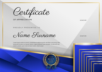 Fototapeta na wymiar Modern elegant blue and gold certificate of achievement template with gold badge and border. Designed for diploma, award, business, university, school, and corporate.