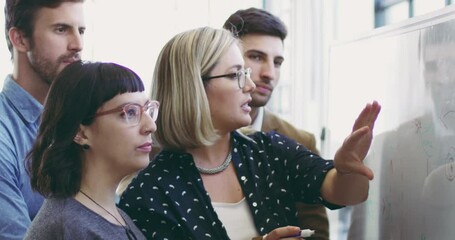 Great design ideas in the making. Diverse group  of colleagues brainstorming together on a board in an office. Leading businesswoman training her staff members during a workshop in their office.