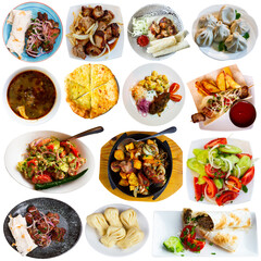 Diversified dishes of Georgian cuisine isolated and placed over white background.