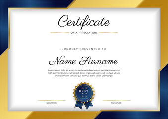 Modern elegant blue and gold certificate of achievement template with gold badge and border. Designed for diploma, award, business, university, school, and corporate.