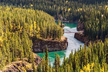 Incredible Miles Canyon in northern Canada during September in autumn, fall. Amazing scenic view of the boreal forest. 