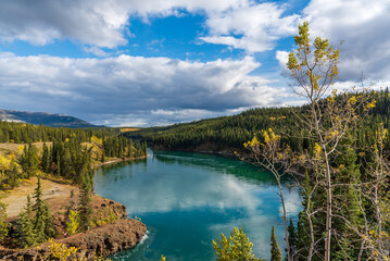 View of Miles Canyon in Whitehorse, Canada during September in fall with yellow colored trees. Amazing turquoise water flowing along Yukon River. 