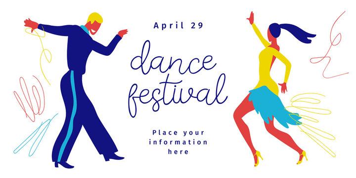 Ballroom dancing. Vector illustration of professional dancers. Template of poster, banner, invitation. International Latin: Cha cha, Samba, Rumba, Jive. American Rhythm: Salsa, Mambo. Dance festival.