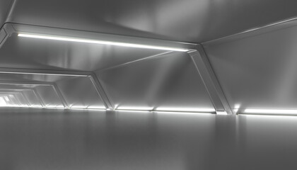 Abstract Futuristic corridor interior design. Future tunnel with light background. Spaceship sci-fi concept.3D rendering.