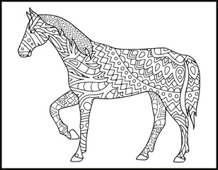 A coloring page of mustang horse.  stylized hand-drawn Head horse coloring page for adults vector illustration