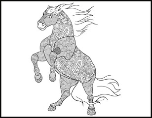 A coloring page of mustang horse.  stylized hand-drawn Head horse coloring page for adults vector illustration