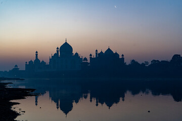 Panoramic view of Taj Mahal during Sunrise reflected in Yamuna river, in Agra , Uttar Pradesh, India