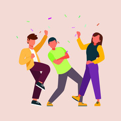 Group of happy people raising hands celebrating holiday. Friends or colleagues at party. Men and women dance. Vector colorful illustration.