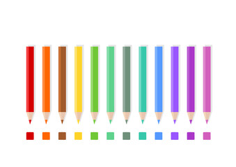 set of bright colored pencils for drawing arranged in a row and isolated on white background. you can print it on standard A4 paper