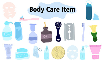 Items and elements for body care. Bathroom supplies, cosmetics, razor, toothpaste, toothbrush. In a color style. Vector illustration.