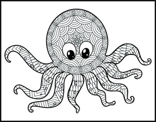 sea life coloring page illustration and print design,  octopus zentangle coloring book for adult