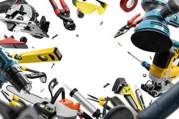 Construction tools levitate on a white background