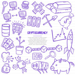 cryptocurrency technology concept with doodle style for template of banners, flyer, books, and magazine cover