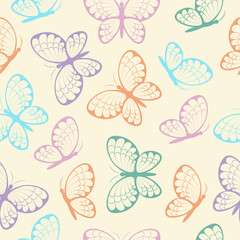 Seamless pattern with butterflies. A bright pattern with the image of multicolored butterflies, on a beige background. Pattern with butterflies, for print and gift wrapping. Vector