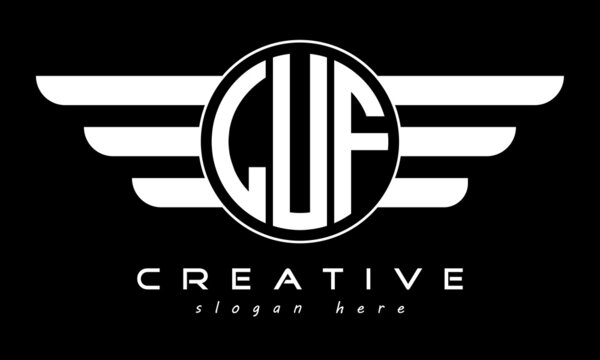 LUF three letter monogram type circle letter logo with wings vector template.
