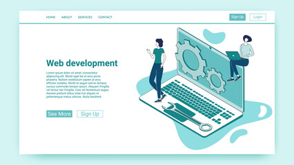 Web development.Software development.People on the background of a laptop.An illustration in the style of a green landing page.