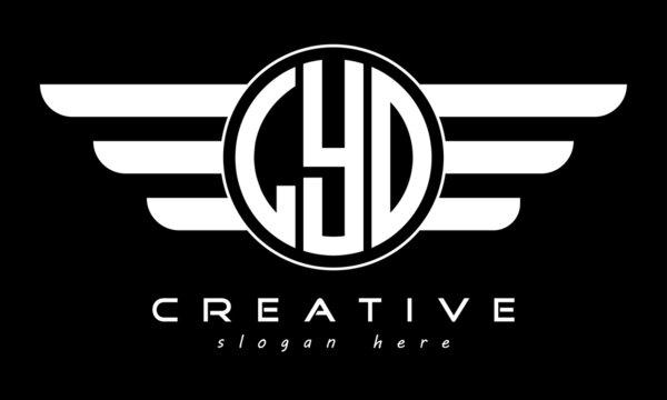 LYO three letter monogram type circle letter logo with wings vector template.