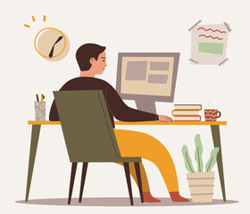 Young man working on computer at home or office. Hand drawn vector male character illustration