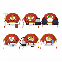 Cleaning service red chinese woman hat cute cartoon character using mop