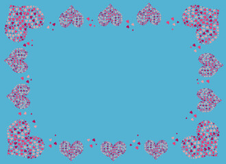 Decorative,tiny colored hearts placed on the edges of blue surface with a wide copy space.Conceptual illustration work