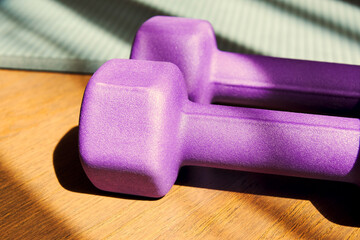 Bright pink dumbbell for the home fitness on the wooden floor. Women's yoga concept and backdrop