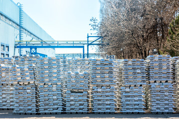 View of the aluminum ingots or billets after Hall–Heroult process. Aluminium or aluminum is a...