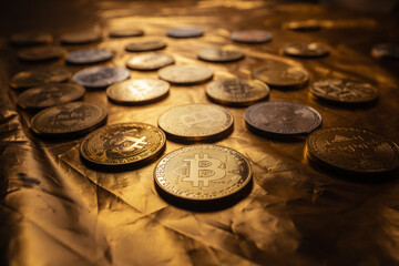 Bitcoin Cryptocurrency Gold Coins in the golden background