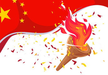 vector illustration of a torch with fire on the background of the flag of Chinese with golden confetti of the winner
