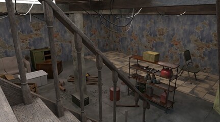 3D illustration brick basement with unnecessary obsolete things