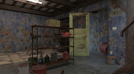 3D illustration brick basement with unnecessary obsolete things