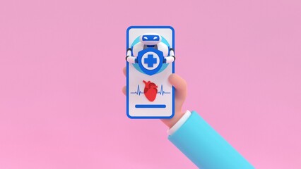 Mobile AI in healthcare. Cartoon human hand holding a mobile phone with medical bot. 3d render illustration