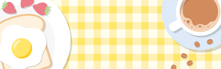 vector background with breakfast with a fried egg, bread, strawberries and a cup of coffee for banners, cards, flyers, social media wallpapers, etc.